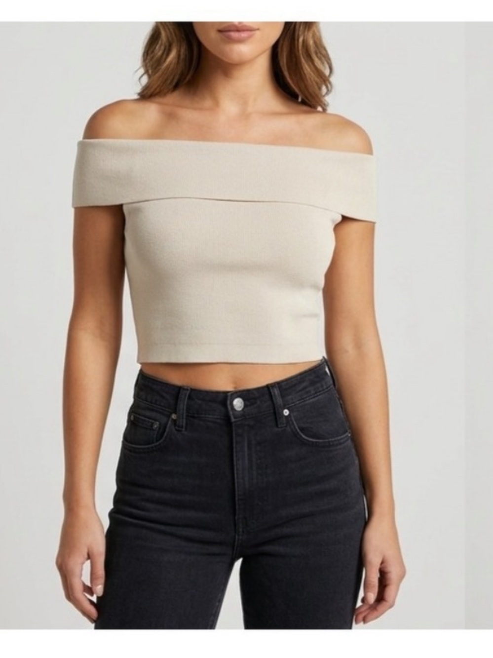 Express Knit Off-Shoulder Crop Top in Light Beige